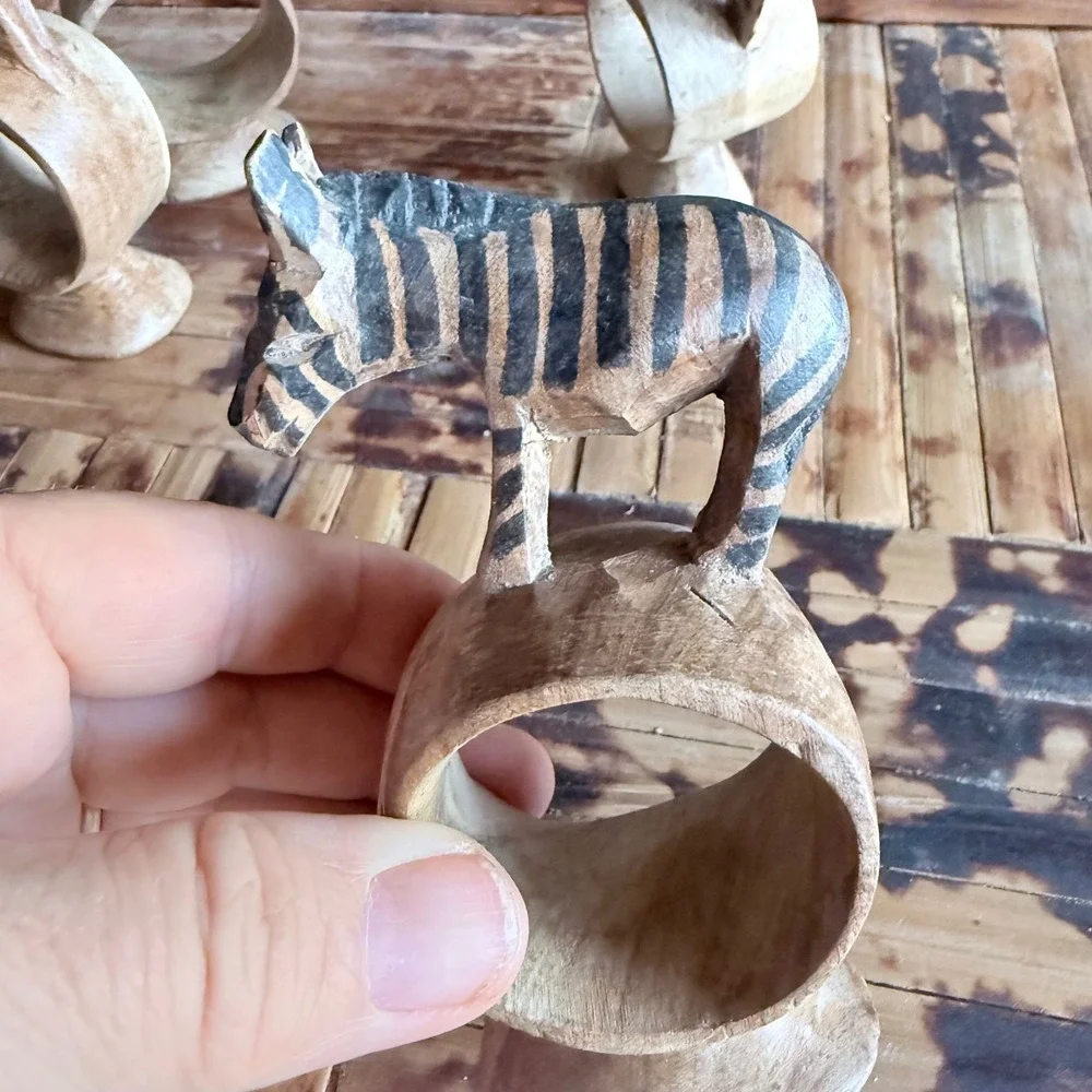 Set of 4 Hand-Carved Wooden Safari Animal Napkin Rings - Folk Art
